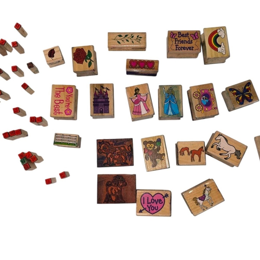 Lot Of Rubber Embossing‎ Stamps Wooden Backs Pictures Words Letters